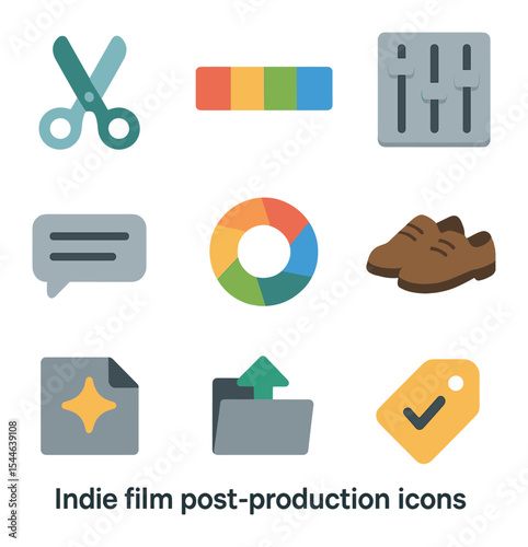 Indie Film Icon Set. Flat icon set of indie film post-production: editing scissors, color grading bar, sound