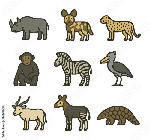 African Endangered Species Icons. Flat icon set of endangered species in Africa: black rhinoceros, African