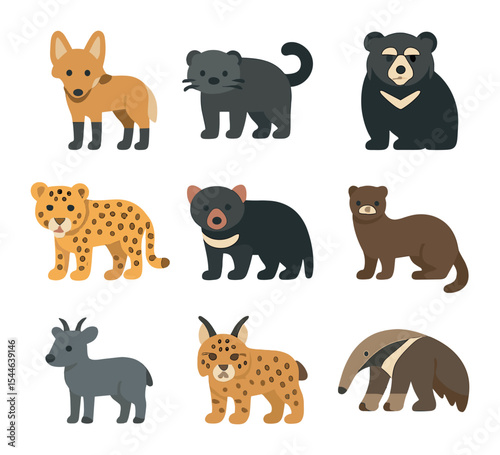 Endangered Mammals Icons. Flat icon set of endangered mammals around the world: maned wolf, binturong, Andean
