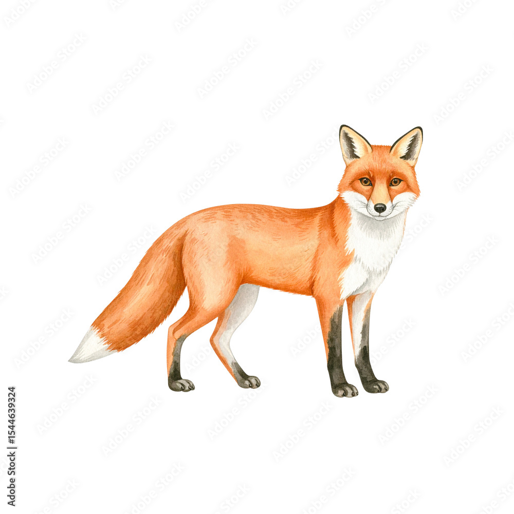 Fototapeta premium Red fox, Vulpes vulpes, standing isolated on a white background, a cute young wild mammal with furry red fur