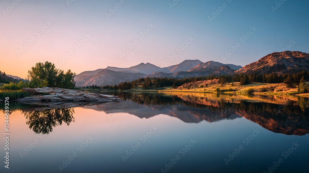 Fototapeta premium sunset in the mountains at a calm lake that creates a perfect reflection .