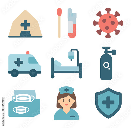 COVID-19 Icons Grid. Flat icon set of COVID-19 healthcare visuals: hospital tent, test swab, virus cell,