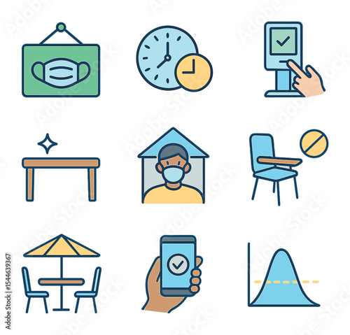 Reopening Icons Grid. Flat icon set of reopening and transition visuals: open sign with mask, limited hours