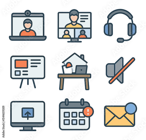 Remote Work Icon Set. Flat icon set of remote work and learning during pandemic: laptop with webcam, online