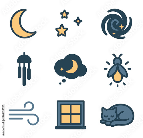Nighttime Icon Collection. Flat icon set of nighttime calm and mood: crescent moon, stars cluster, galaxy