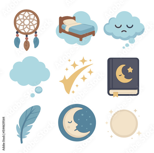 Dream & Sleep Icons. Flat icon set of dreams and sleep imagery: dreamcatcher, floating bed, sleepy cloud,