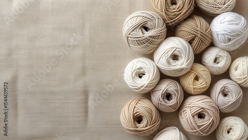 Neutral yarn balls on beige fabric background