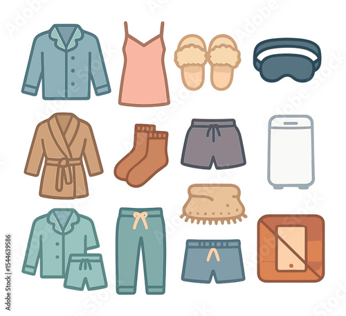 Cozy Sleep Icons. Flat icon set of cozy nightwear: pajama shirt, nightgown, fluffy slippers, eye mask strap,