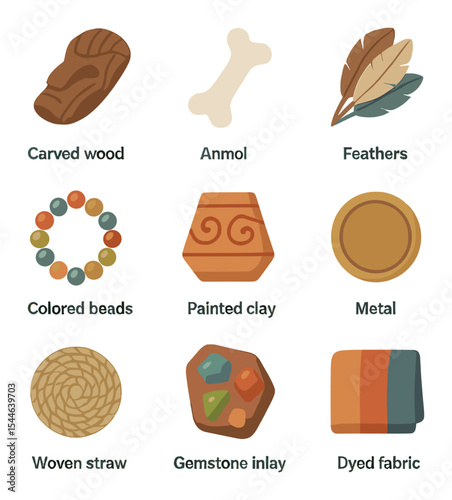 Ceremonial Masks and Symbols. Flat icon set of ceremonial mask materials: carved wood, animal bone, feathers