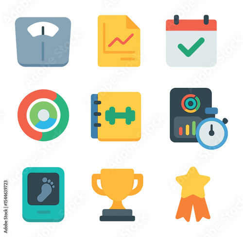Fitness Icon Set. Flat icon set of fitness tracking and progress: weight scale, fitness chart, calendar check,