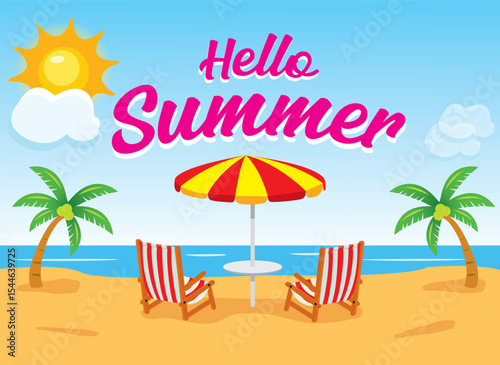 Hello summer illustration_summer vacation beach scene with umbrella, palm trees, and ocean view
