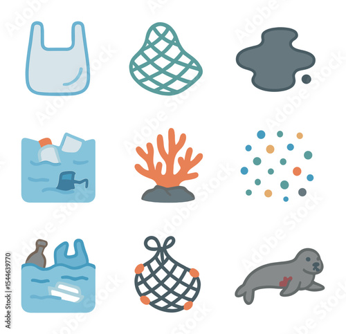 Pollution Impact Icons. Flat icon set of ocean pollution effects: plastic bag, tangled fishing net, oil slick,