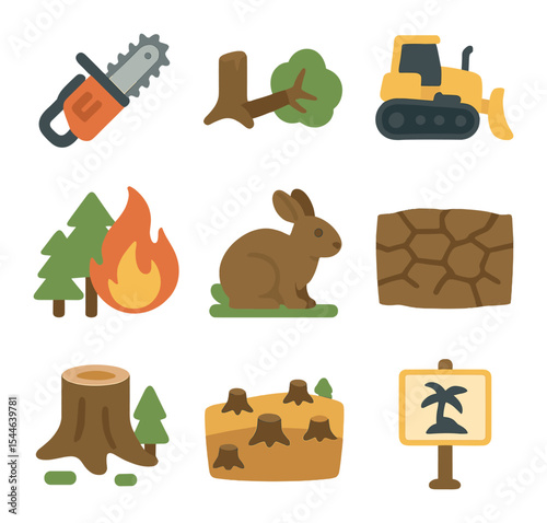 Deforestation Icons Set. Flat icon set of forest and habitat destruction: chainsaw, cut tree, bulldozer,