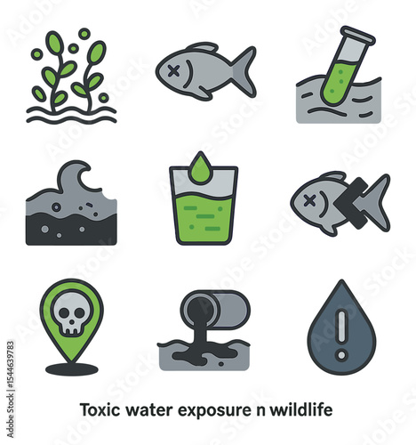 Polluted Water Icon Set. Flat icon set of toxic water exposure in wildlife: green algae bloom, dead fish icon,