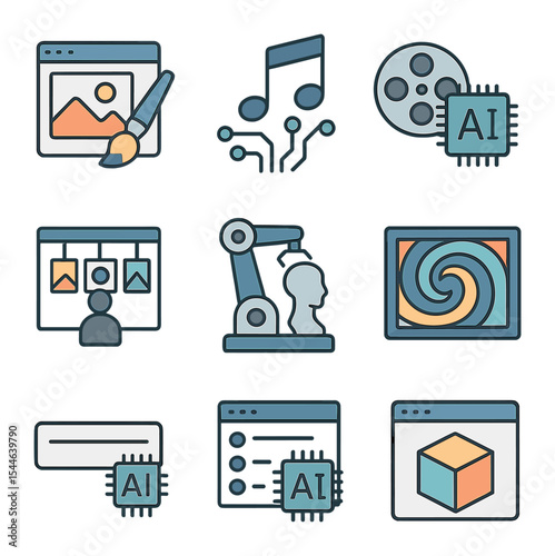 AI Creative Arts Icons. Flat icon set of AI in creative arts: digital painting, music notes with circuit, film