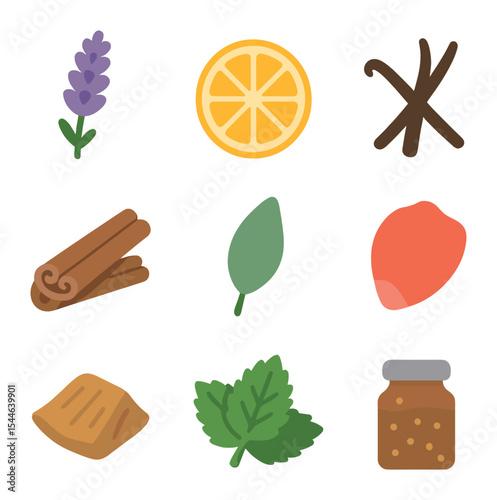 Scented Candle Ingredients. Flat icon set of scented candle ingredients: lavender flower, citrus slice,