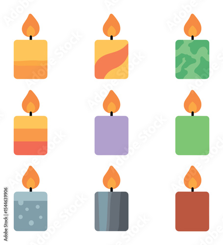 Candle Icon Collection. Flat icon set of candle color effects: gradient wax, dual-tone swirl, marble wax,