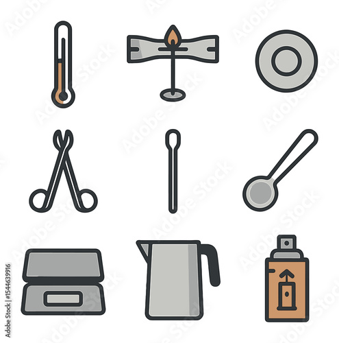 Candle Crafting Tools Icons. Flat icon set of candle crafting tools: wax thermometer, wick holder bar, glue