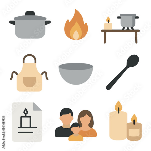 DIY Candle Icon Set. Flat icon set of DIY candle making at home: kitchen pot, stove flame, table setup, apron