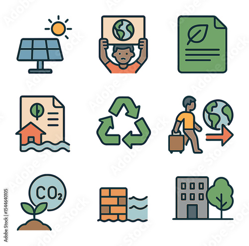 Climate Action Icons. Flat icon set of human responses to climate change: renewable energy panel, climate