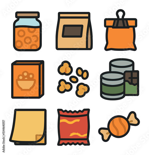 Pantry Icon Discoveries. Flat icon set of pantry discoveries: mason jar, sealed spice pouch, snack bag clip,