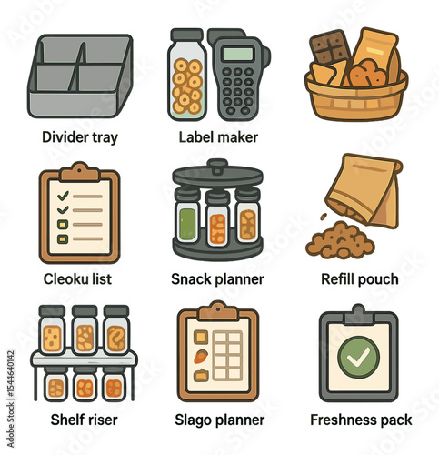 Pantry Organization Icons. Flat icon set of organizing pantry snacks: divider tray, clear jars, label maker,
