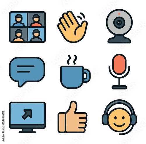 Virtual Meeting Icons. Flat icon set of rapport in virtual meetings: video call screen, wave emoji, webcam