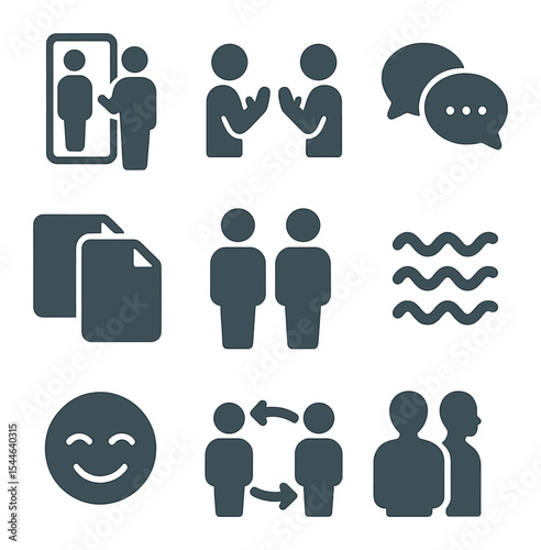 Mirroring Technique Icons. Flat icon set of mirroring technique: reflection mirror, matching gesture,