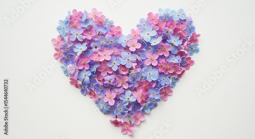 優しい光に包まれた 淡いピンクと青の花びらのハート. AI Generated