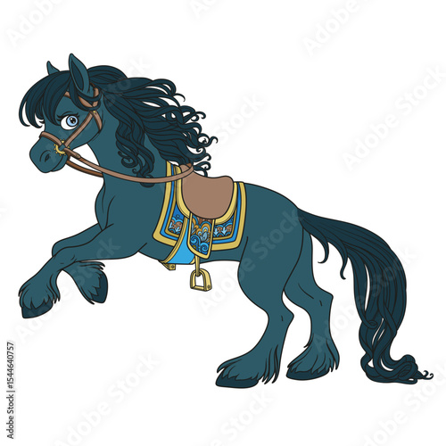 Cute cartoon black horse with lush mane bucks front hooves on white background
