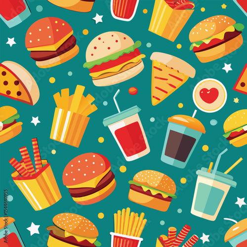 Fast food seamless pattern burgers fries pizza drinks