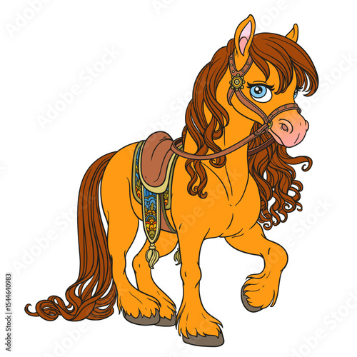 Cute horse with lush mane harnessed to a saddle on white background