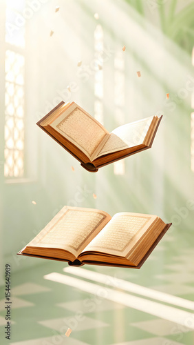 Ancient Quran pages floating in air with soft beams of light
