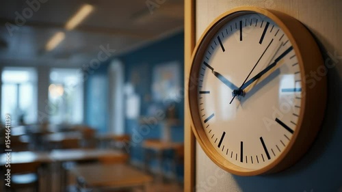 Classroom clock in class with moving second hand on wall  