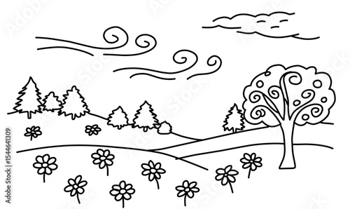 Hand Drawn Strange Landscape Outline With Trees Flowers And Wind For Coloring Books Or Design