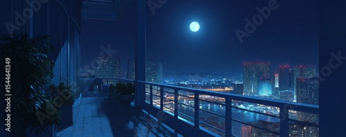 Serene Night View from Urban Balcony Overlooking Cityscape with Full Moon Lighting Up Skyline and Reflections on Water