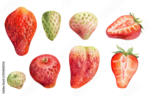 Strawberry ripe fruit full and cut in half with leaves crown hand drawn in watercolor, garden strasberry berry. Botanical isolated illustration set. Home preserves cookbook, grocery store food closeup