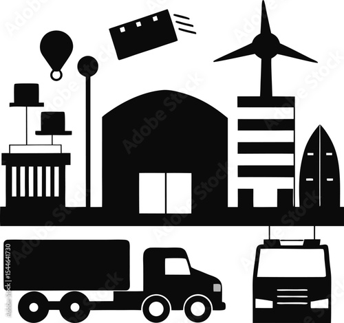 Urban Landscape Cityscape Illustration Featuring Transportation, Wind Energy, and Modern Architecture