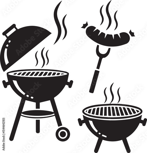 Barbecue Grill and Sausage Icon Set – Black and White Vector Illustrations of BBQ Grills, Hot Sausage, and Grilling Tools for Summer Cookout and Food Design
