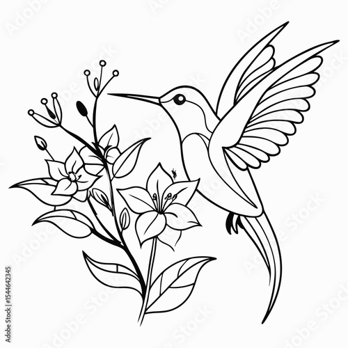Continuous one line drawing of flying hummingbird with tropical flowers. Hummingbird is sucking the nectar out single outline vector design.