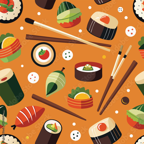Colorful seamless pattern of sushi and chopsticks