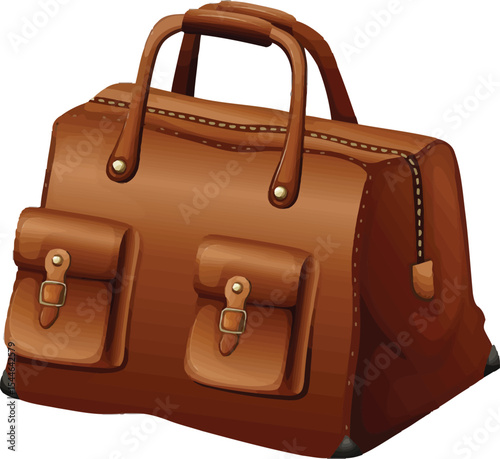 Brown Leather Travel Bag: A classic brown leather travel bag with multiple pockets and sturdy handles, perfect for a weekend getaway or business trip. 