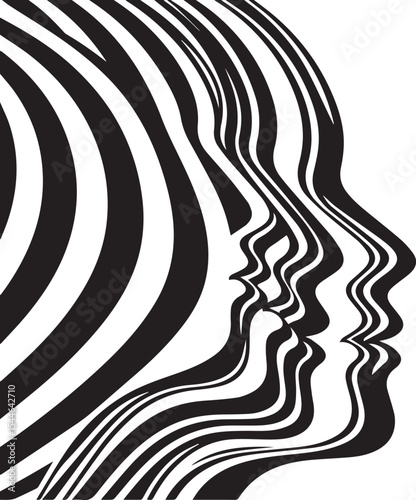 Abstract Optical Illusion of Human Faces – Black and White Surreal Line Art of Multiple Layered Side Profiles in Psychedelic, Wavy, Minimalist Style