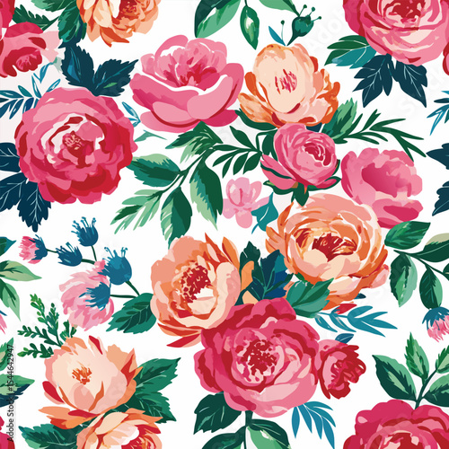 Seamless pattern with vibrant pink and peach roses