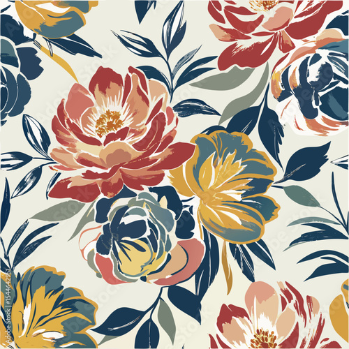 Seamless painted floral pattern with peonies and leaves