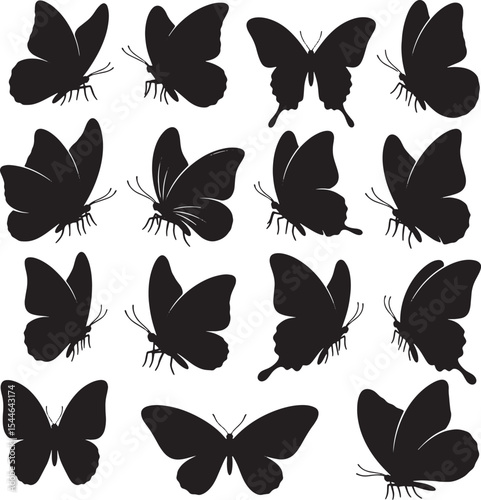 Butterfly Silhouette Collection – Set of 15 Black Flying Butterfly Vector Shapes for Nature Decor, Scrapbooking, Crafts, and Graphic Design Elements