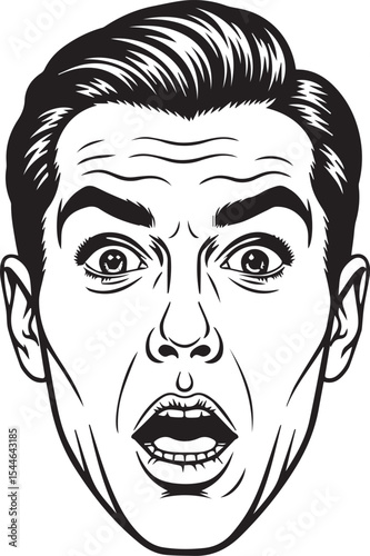 Shocked Man Face Illustration – Vintage Retro Pop Art Style Surprised Male Expression in Black and White Comic Ink Drawing