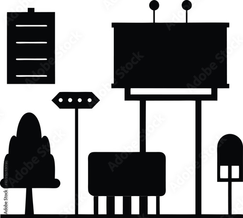 Urban Landscape Design Cityscape Silhouette with Billboards and Streetlights