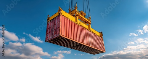 Bright Yellow Crane Hoisting a Large Red Shipping Container Against a Clear Blue Sky with Fluffy White Clouds in a Shipping Yard