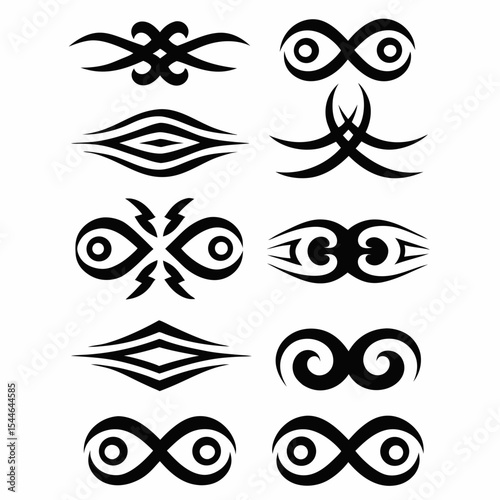 Create a set of stylized icons depicting various African tribal tattoo designs, emphasizing geometric patterns and symbolic imagery.  Include diverse motifs.